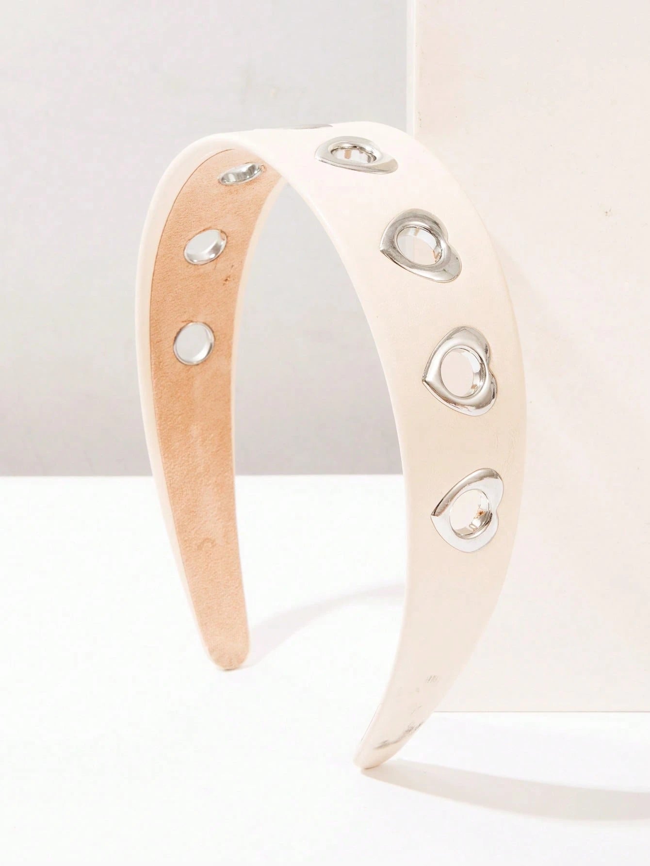 PU Leather Heart Eyelet Wide Headband - White