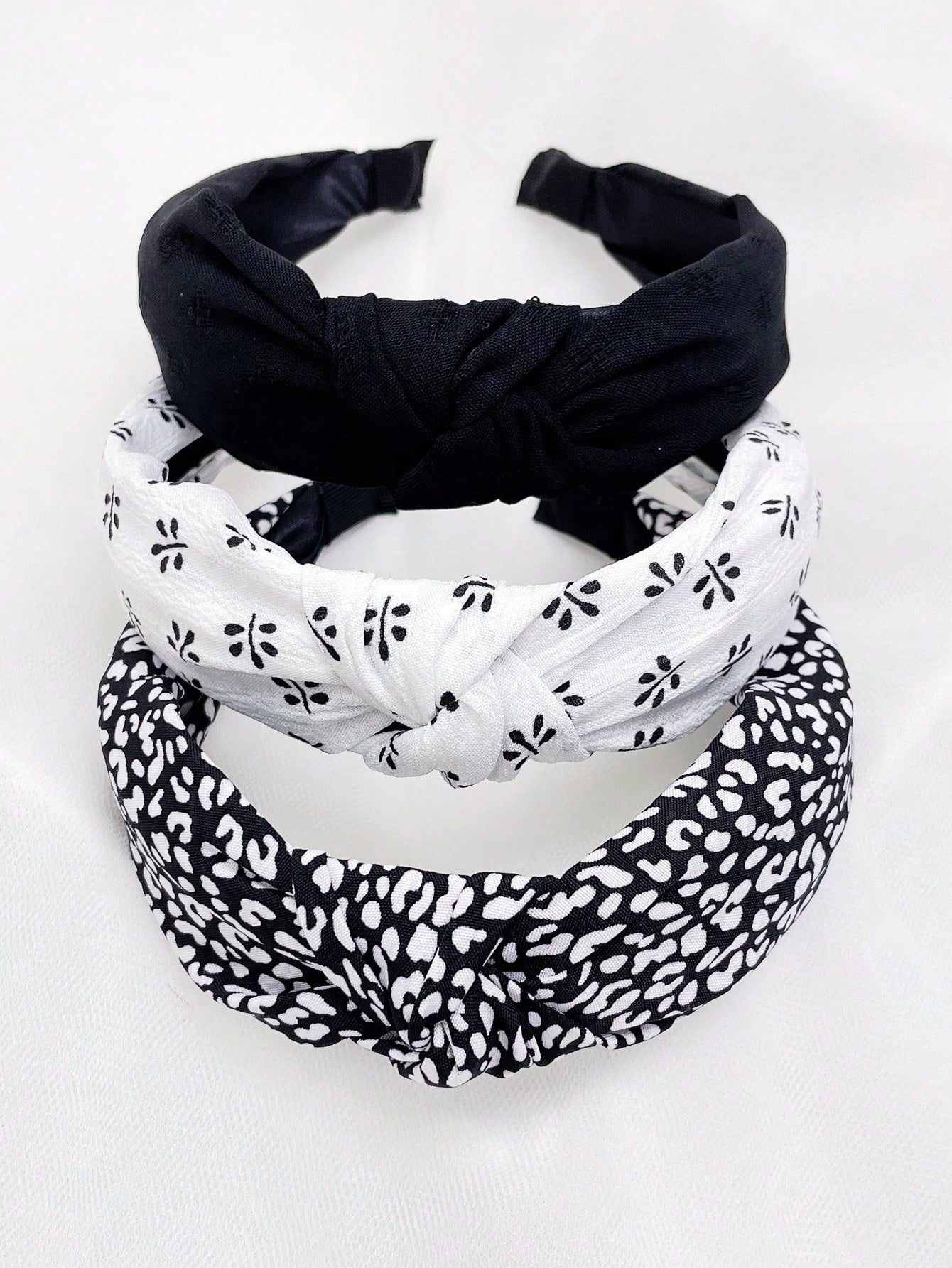 3Pcs Floral Print Solid Wide Knotted Headband Se