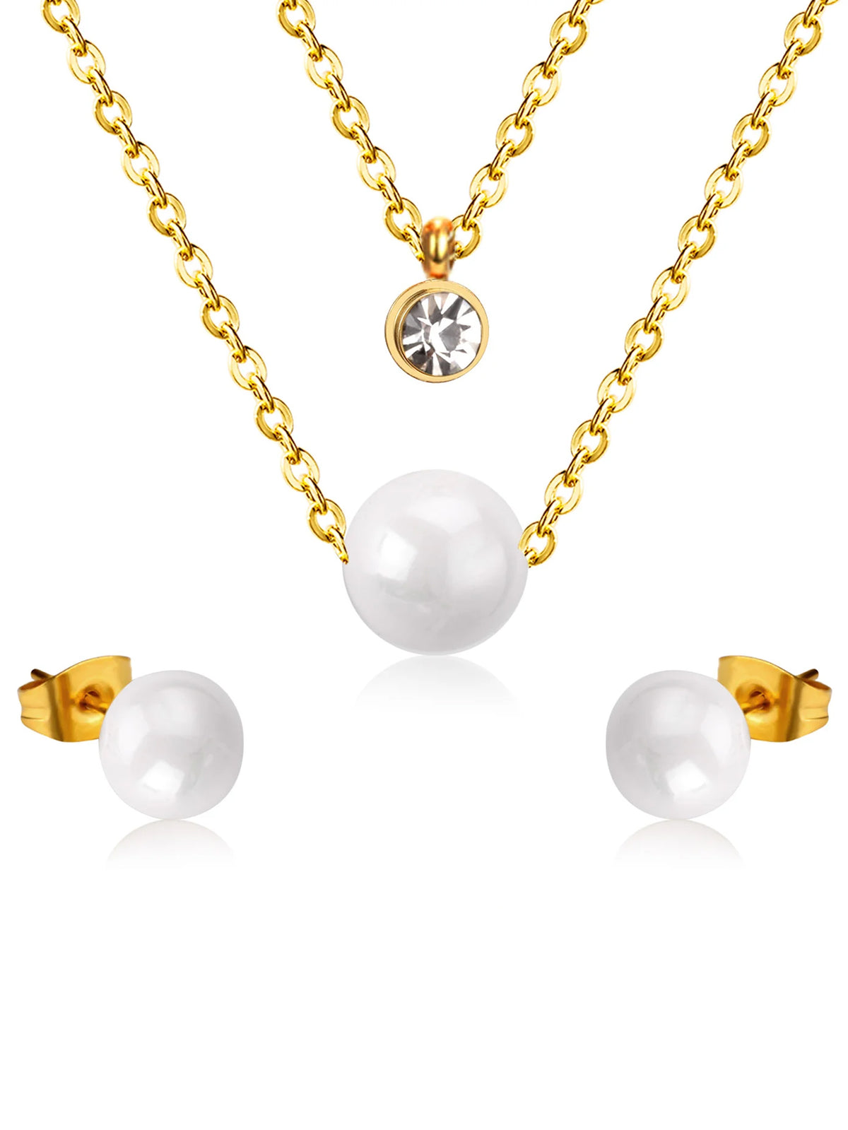 Pearl & Zircon Decor Layered Necklace And Stud Earrings Set - FD ⚡
