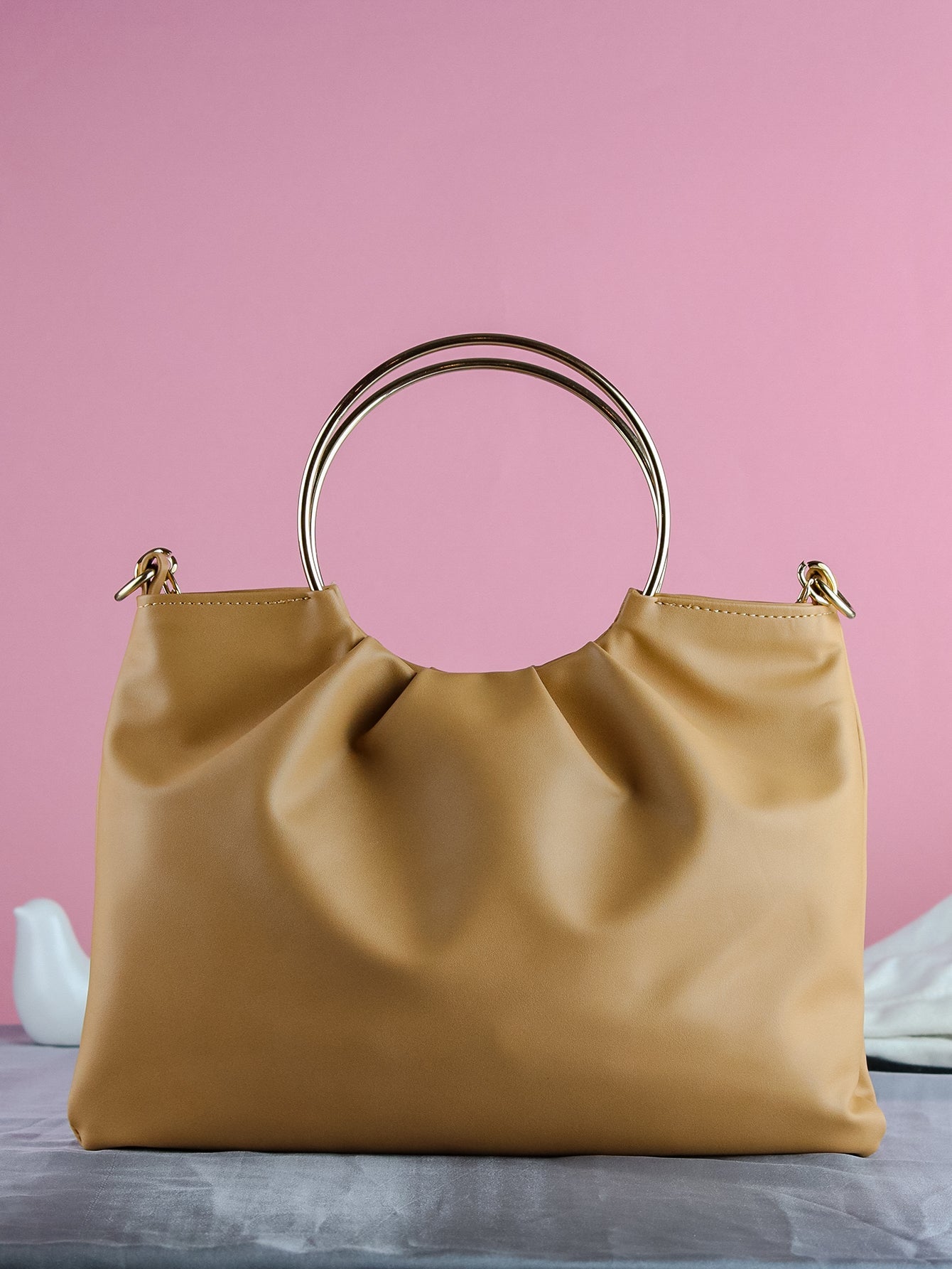 Top Handle Ruched Satchel Bag With Chain  - Mustard  - FD ⚡