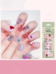 24pcs Heart Decor Glitter Fake Nail & 1pc Tape - FD ⚡