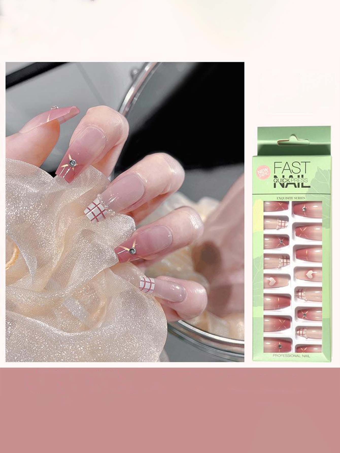 24pcs Heart & Pearl Decor Fake Nail & 1pc Tape - FD ⚡