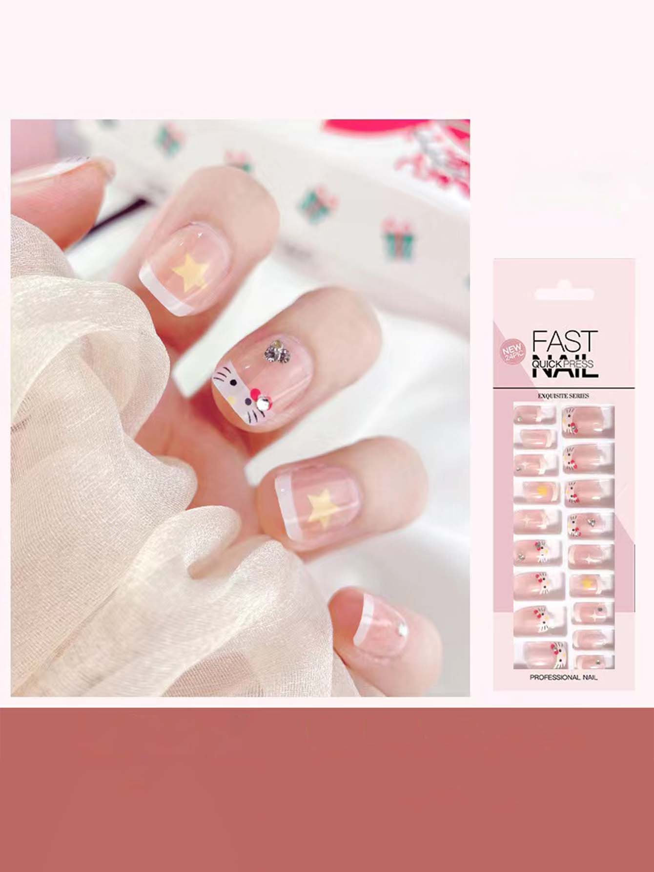 24pcs Kitty Print Fake Nail & 1pc Tape - FD ⚡