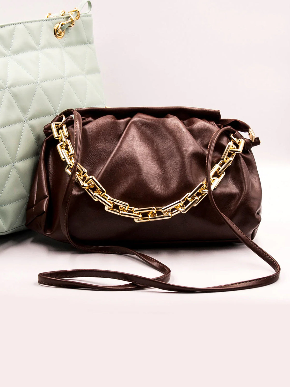 Minimalist Ruched Chain Decor Bag - Chocolate Brown  - FD ⚡