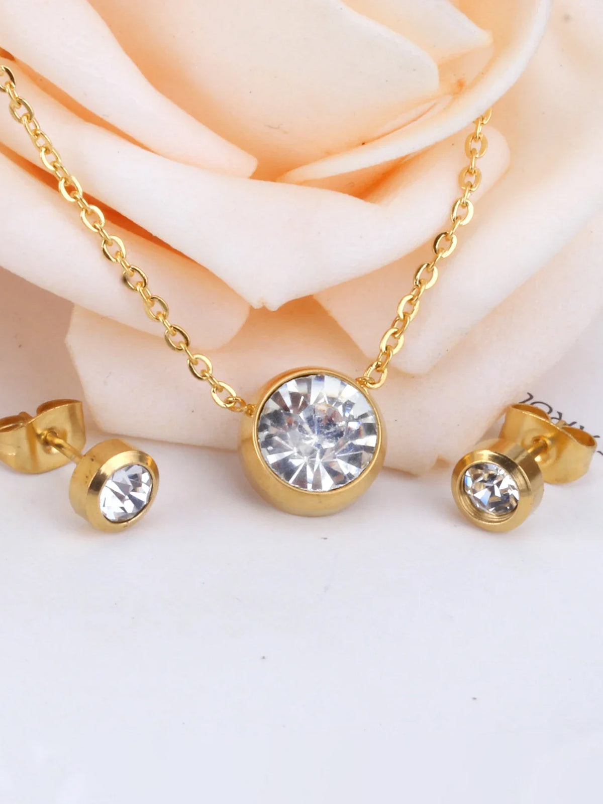 Stainless steel cubic zirconia earrings and necklace set - FD ⚡