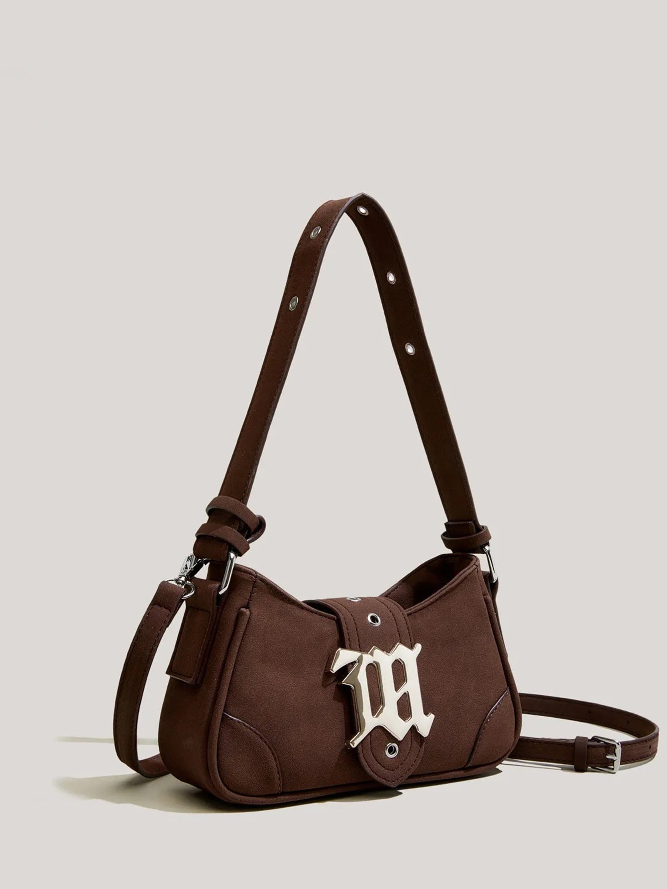 Coffee Brown Snap Button Zip Closure Rivet Mini Baguette Bag