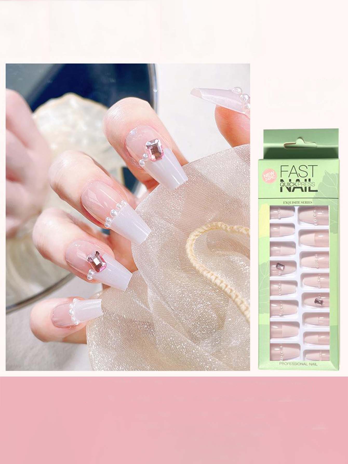 24pcs Gemstone & Pearl Decorated Fake Nail & 1pc Tape - FD ⚡