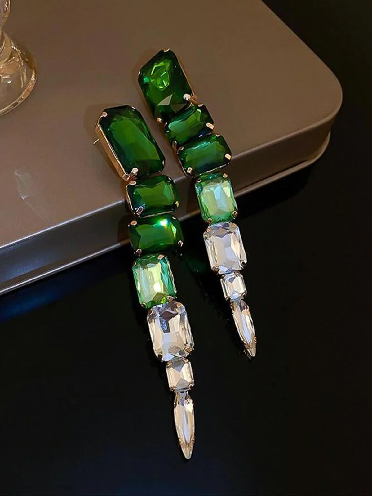 1pair Green Square Crystal Long Drop Earrings - FD ⚡