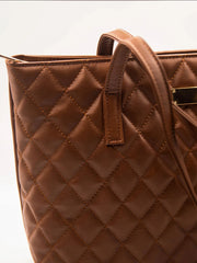 Quilted Pattern Shoulder Tote Bag  - Brown - FD ⚡