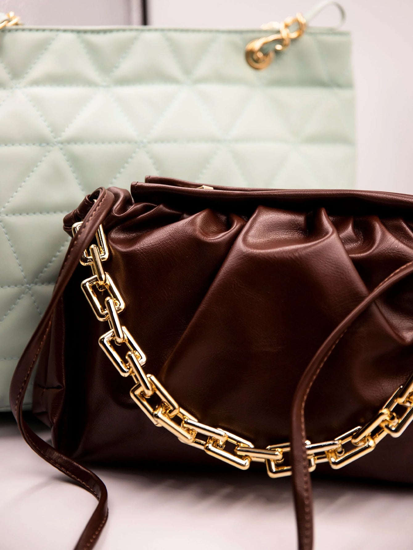 Minimalist Ruched Chain Decor Bag - Chocolate Brown  - FD ⚡
