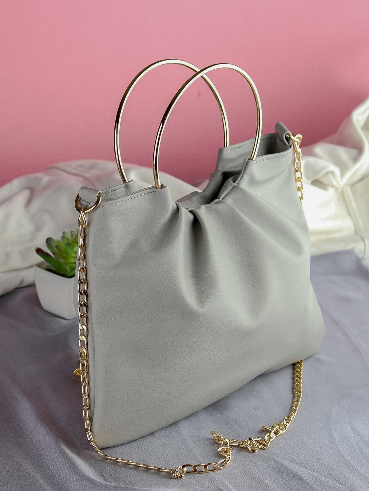 Top Handle Ruched Satchel Bag With Chain  - Light Grey - FD ⚡