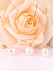 Pearl & Zircon Decor Layered Necklace And Stud Earrings Set - FD ⚡