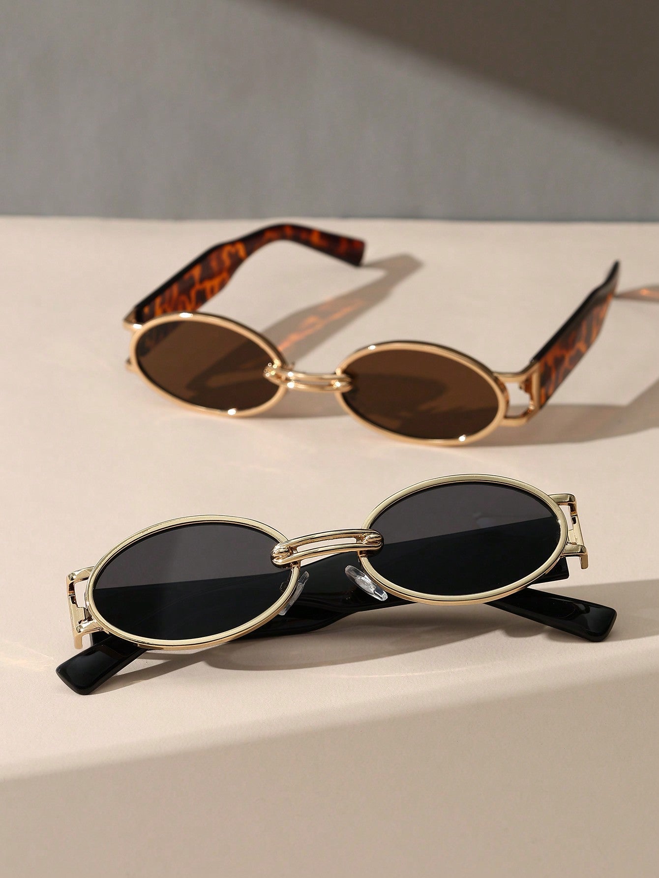 2pcs Vintage Oval & Rectangle Gold Frame Turtle Skin Print Temple Glasses