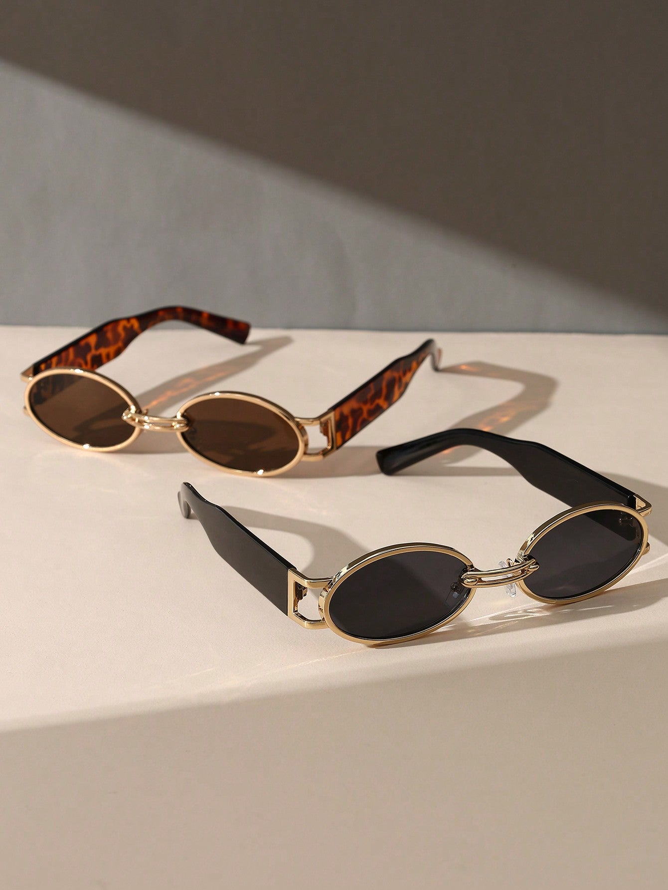 2pcs Vintage Oval & Rectangle Gold Frame Turtle Skin Print Temple Glasses