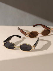 2pcs Vintage Oval & Rectangle Gold Frame Turtle Skin Print Temple Glasses