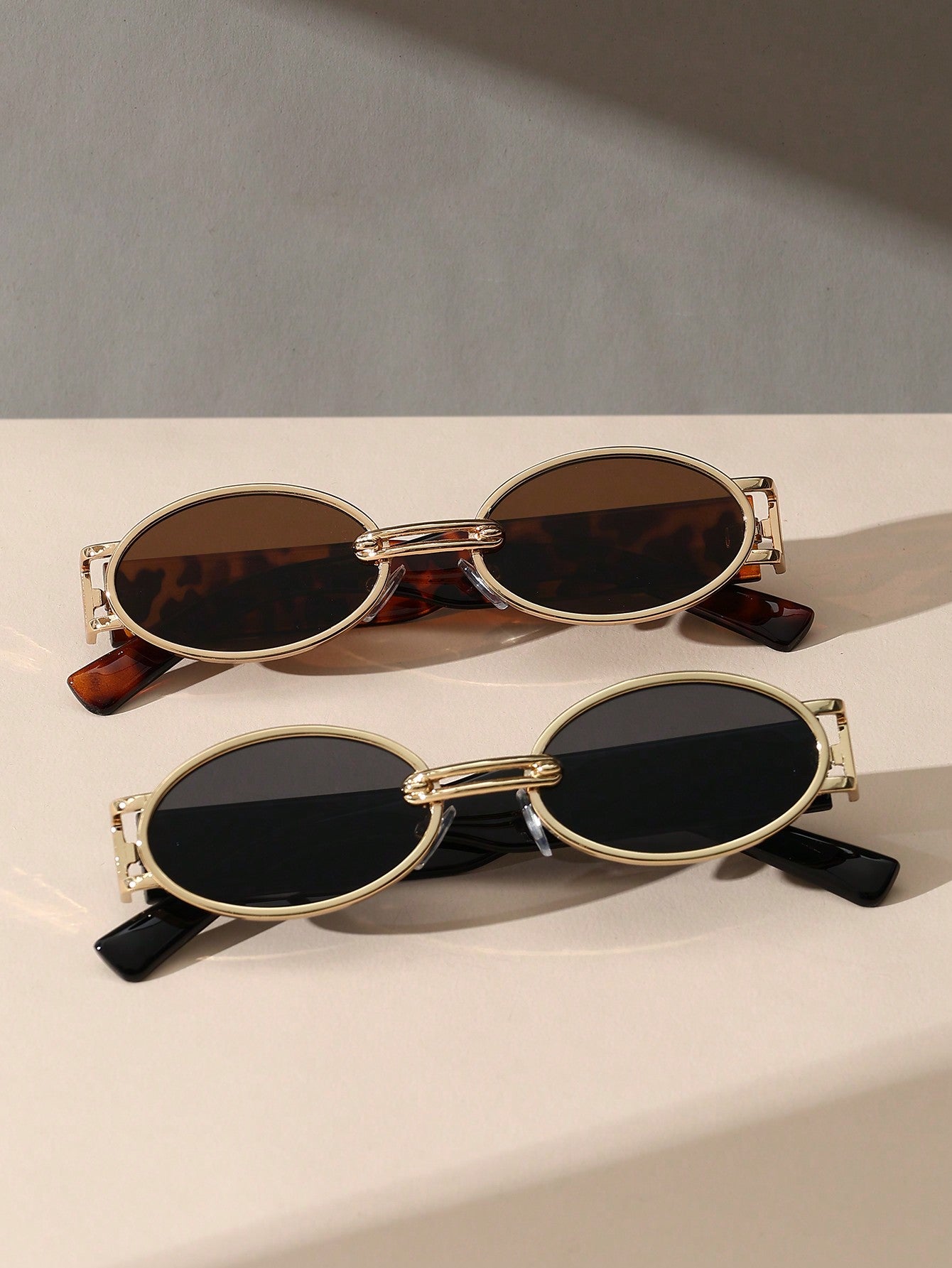 2pcs Vintage Oval & Rectangle Gold Frame Turtle Skin Print Temple Glasses