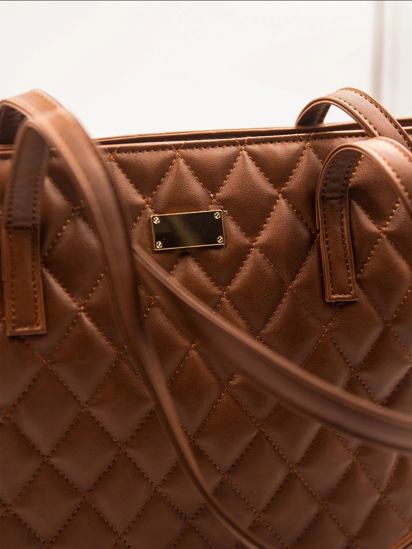 Quilted Pattern Shoulder Tote Bag  - Brown - FD ⚡