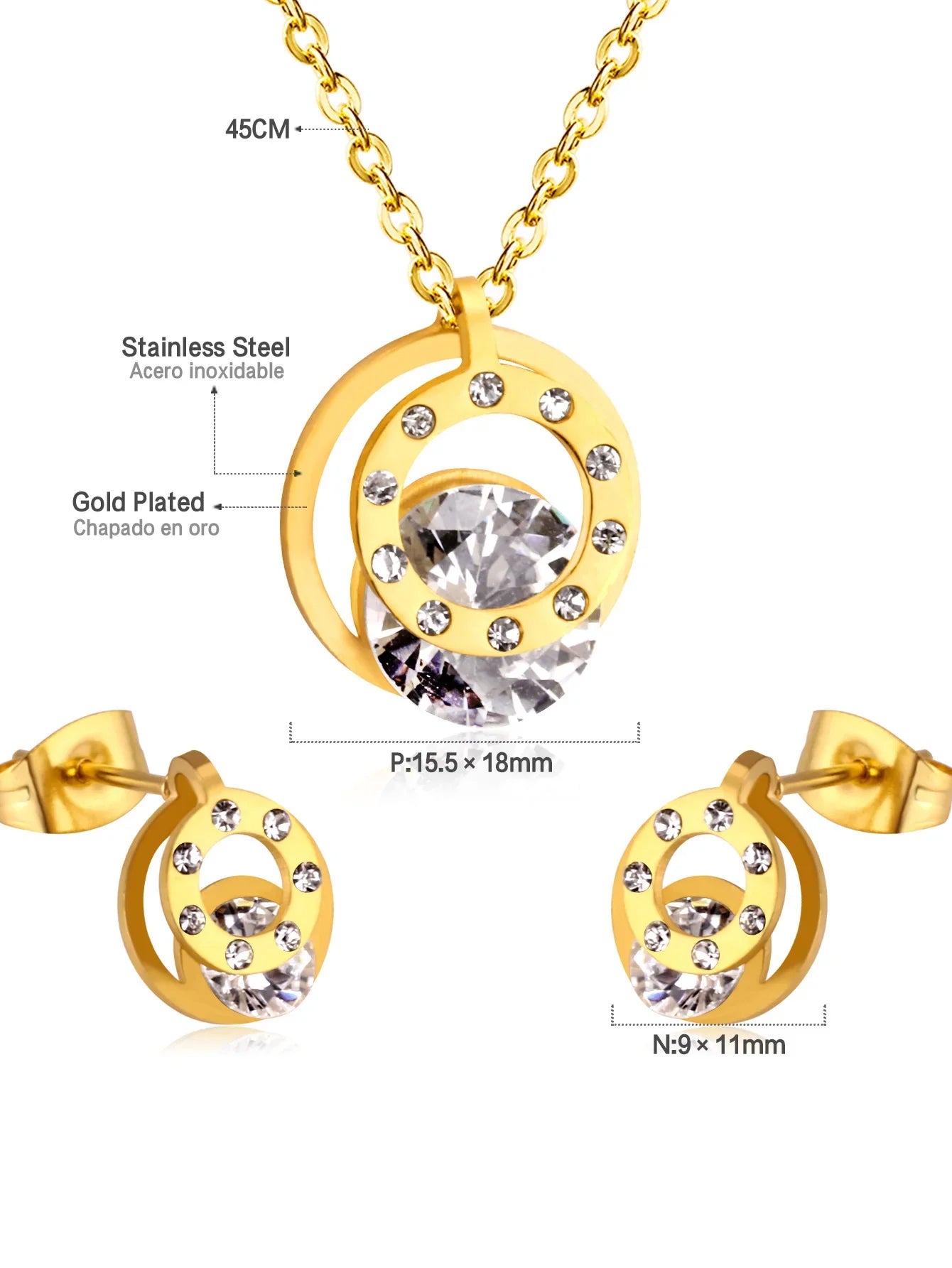 3pcs Stainless Steel Zircon Jewelry Set