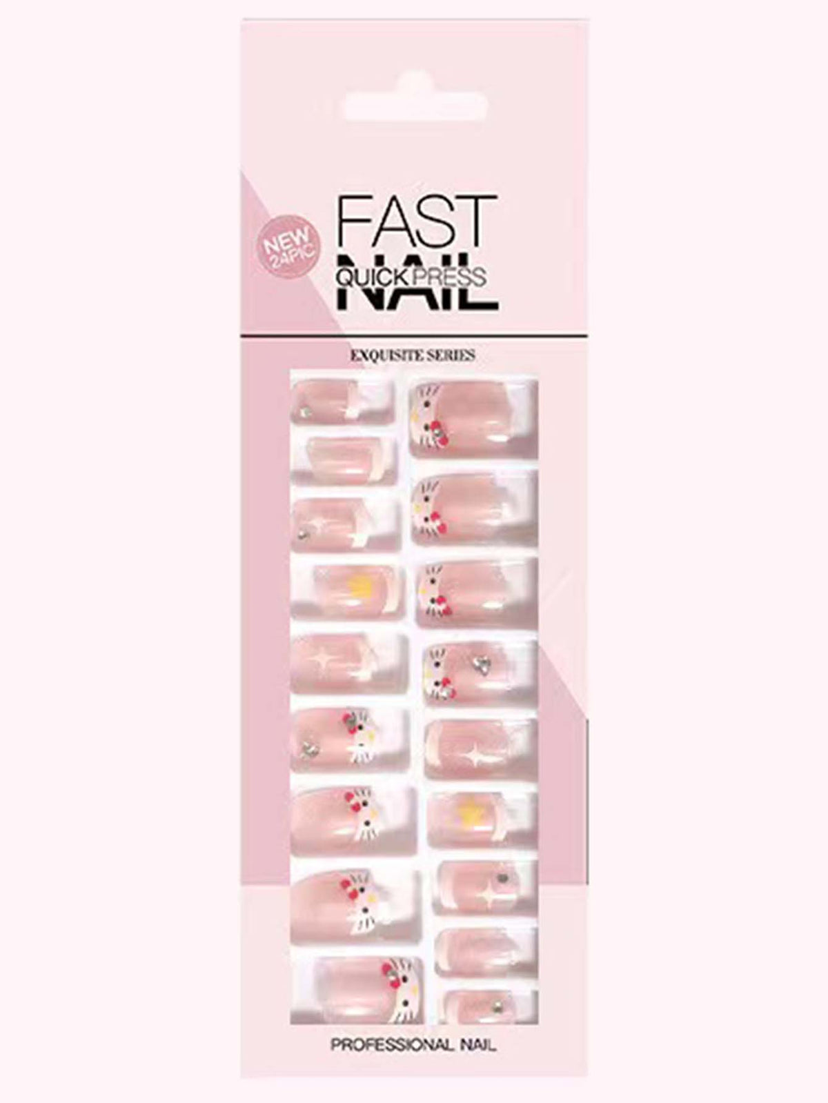 24pcs Kitty Print Fake Nail & 1pc Tape - FD ⚡