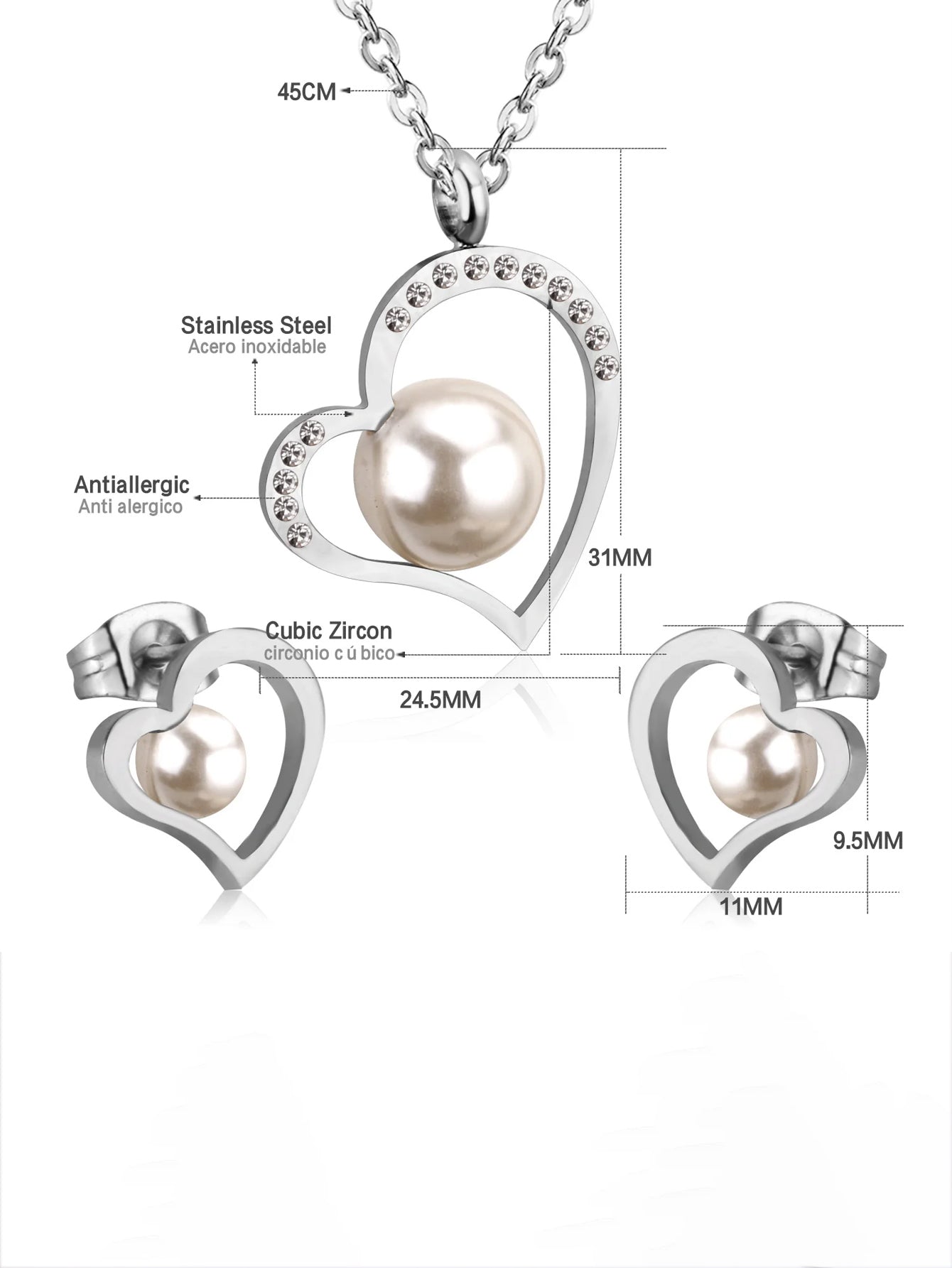 3pcs Heart & Pearl Charm Jewelry Set