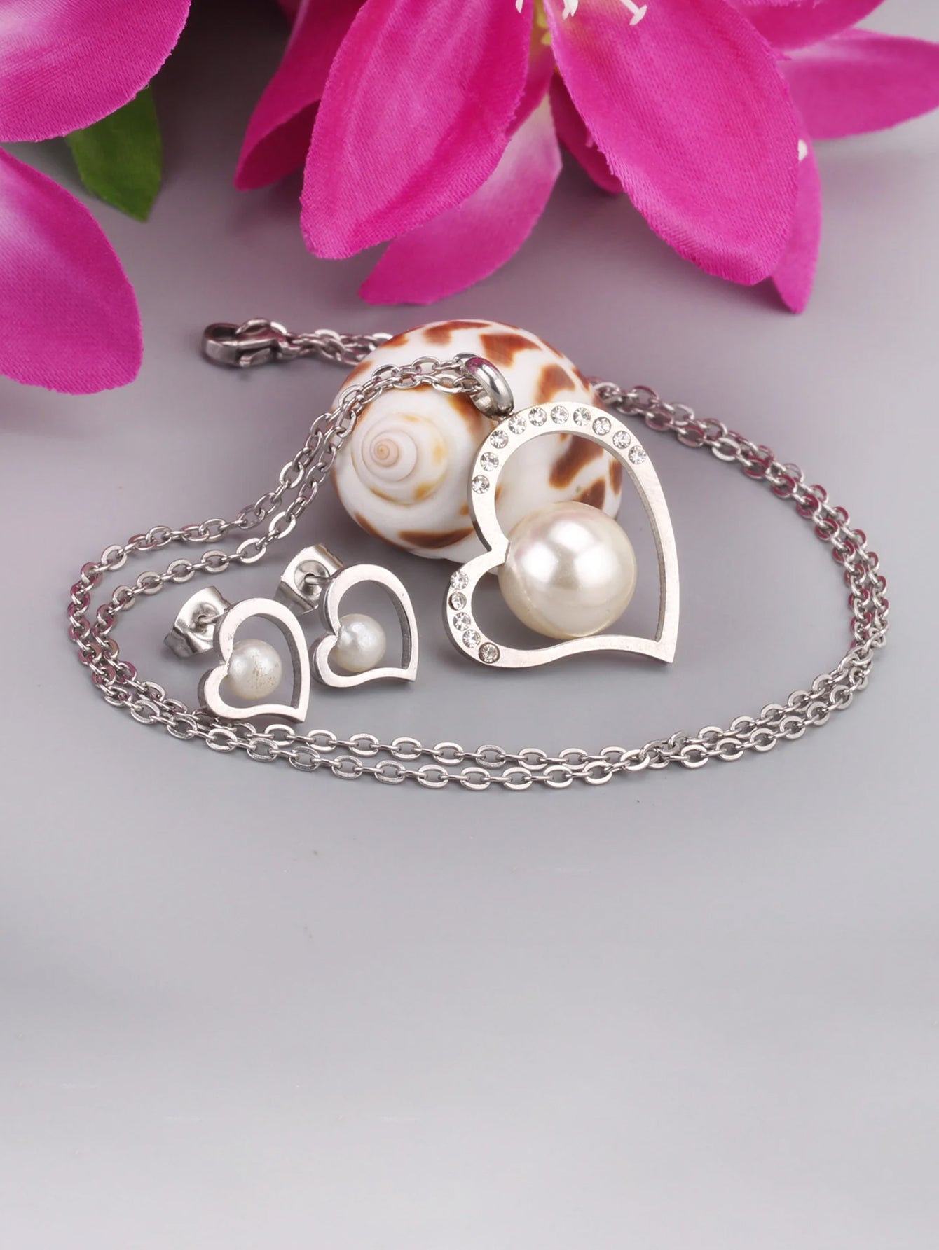 3pcs Heart & Pearl Charm Jewelry Set