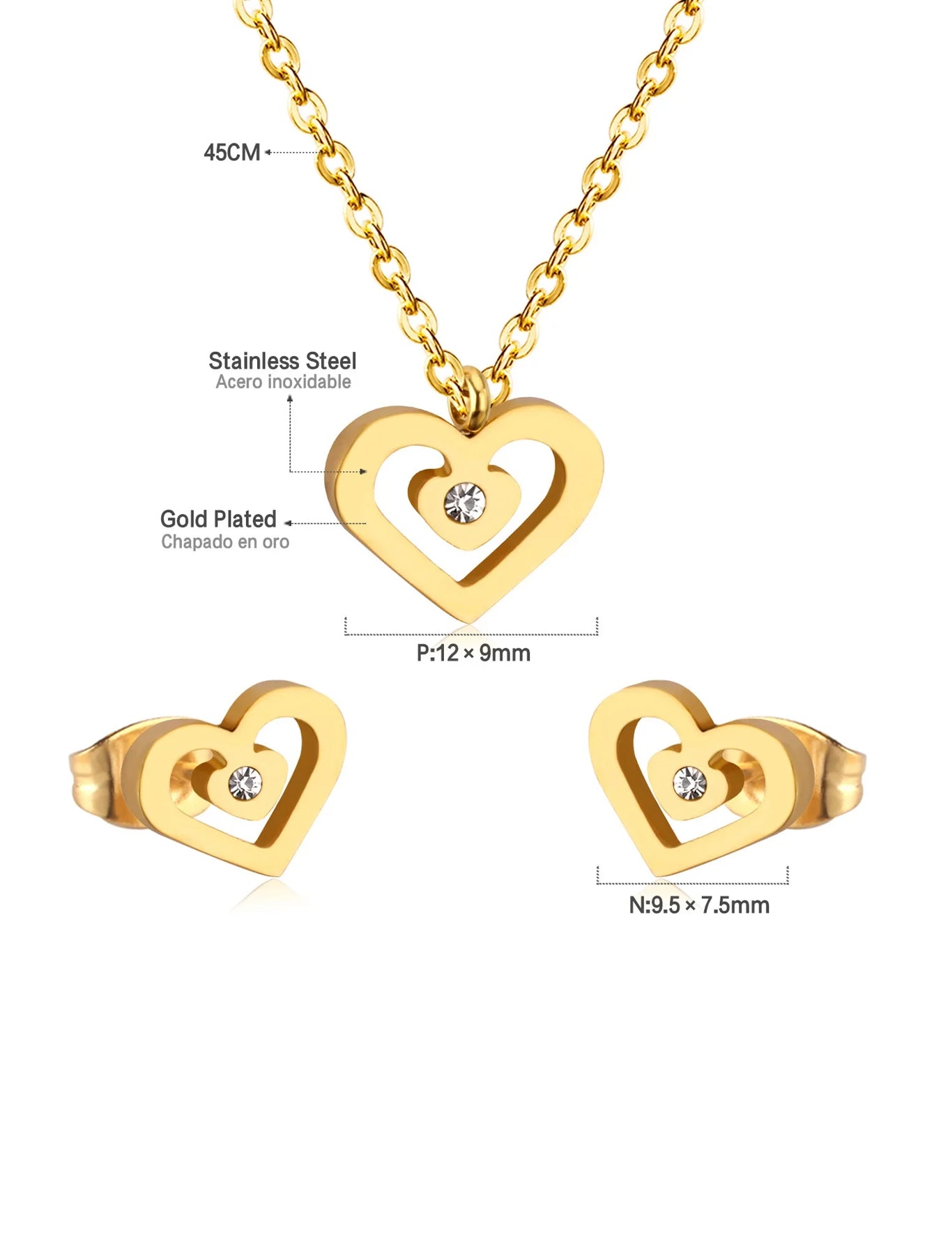 3pcs Stainless Steel Heart Shaped Earring and Necklace Jewelry Set - FD ⚡