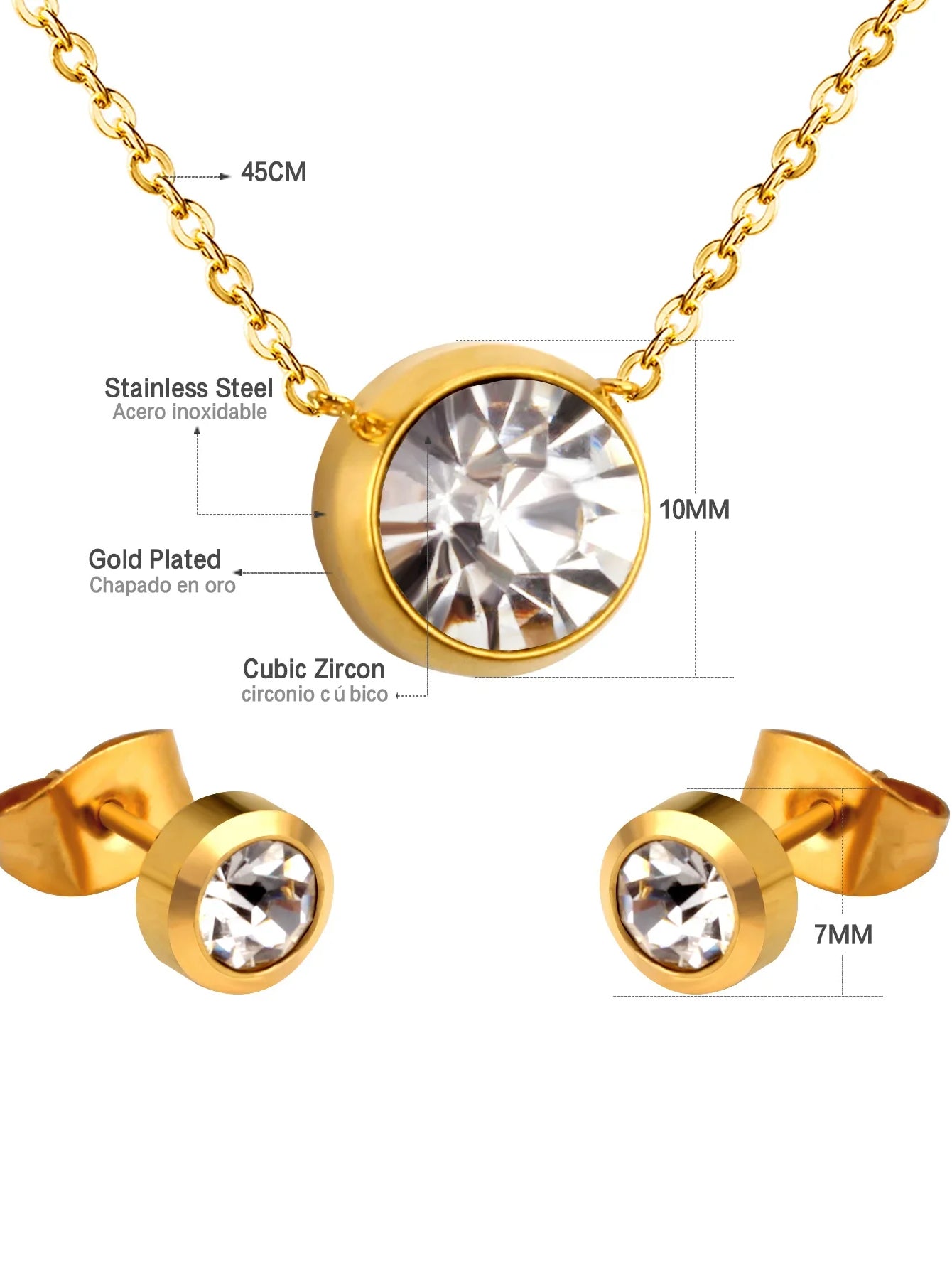 Stainless steel cubic zirconia earrings and necklace set - FD ⚡