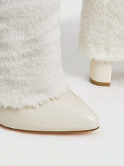 Furry Knee High Boots - Beige