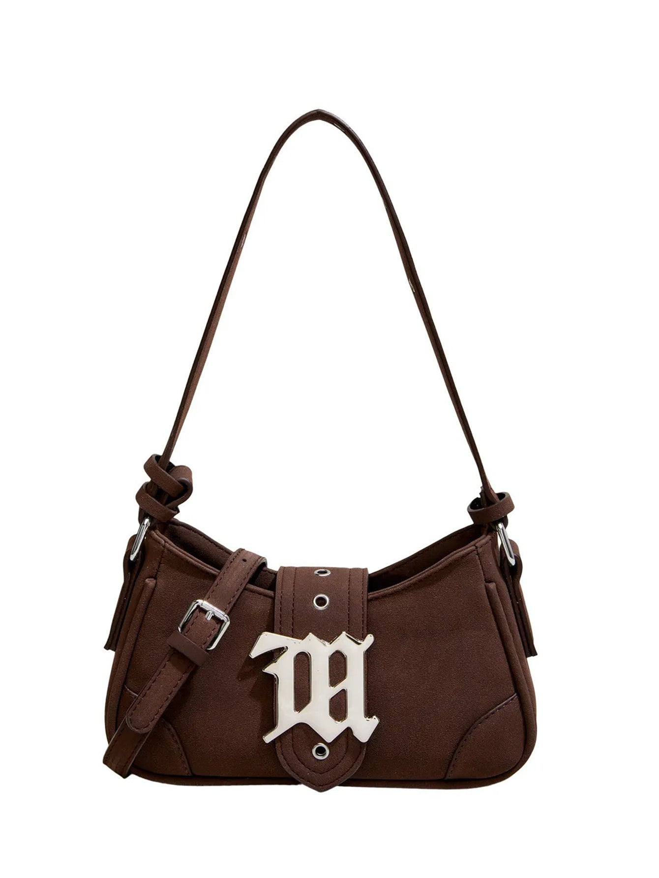 Coffee Brown Snap Button Zip Closure Rivet Mini Baguette Bag