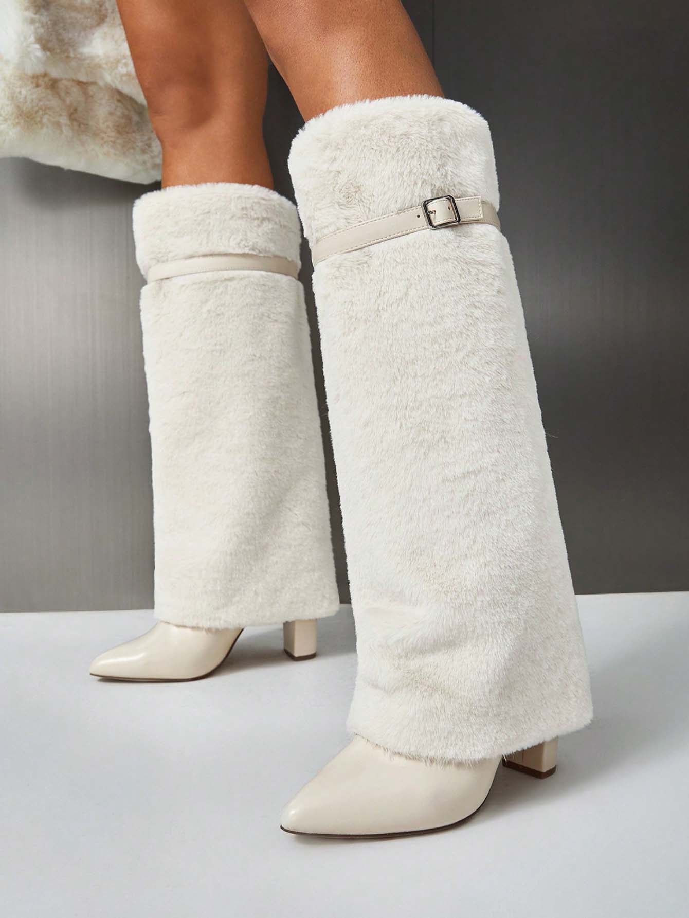 Furry Knee High Boots - Beige