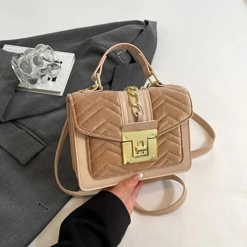 Chevron Quilted Chain Square Bag - khaki