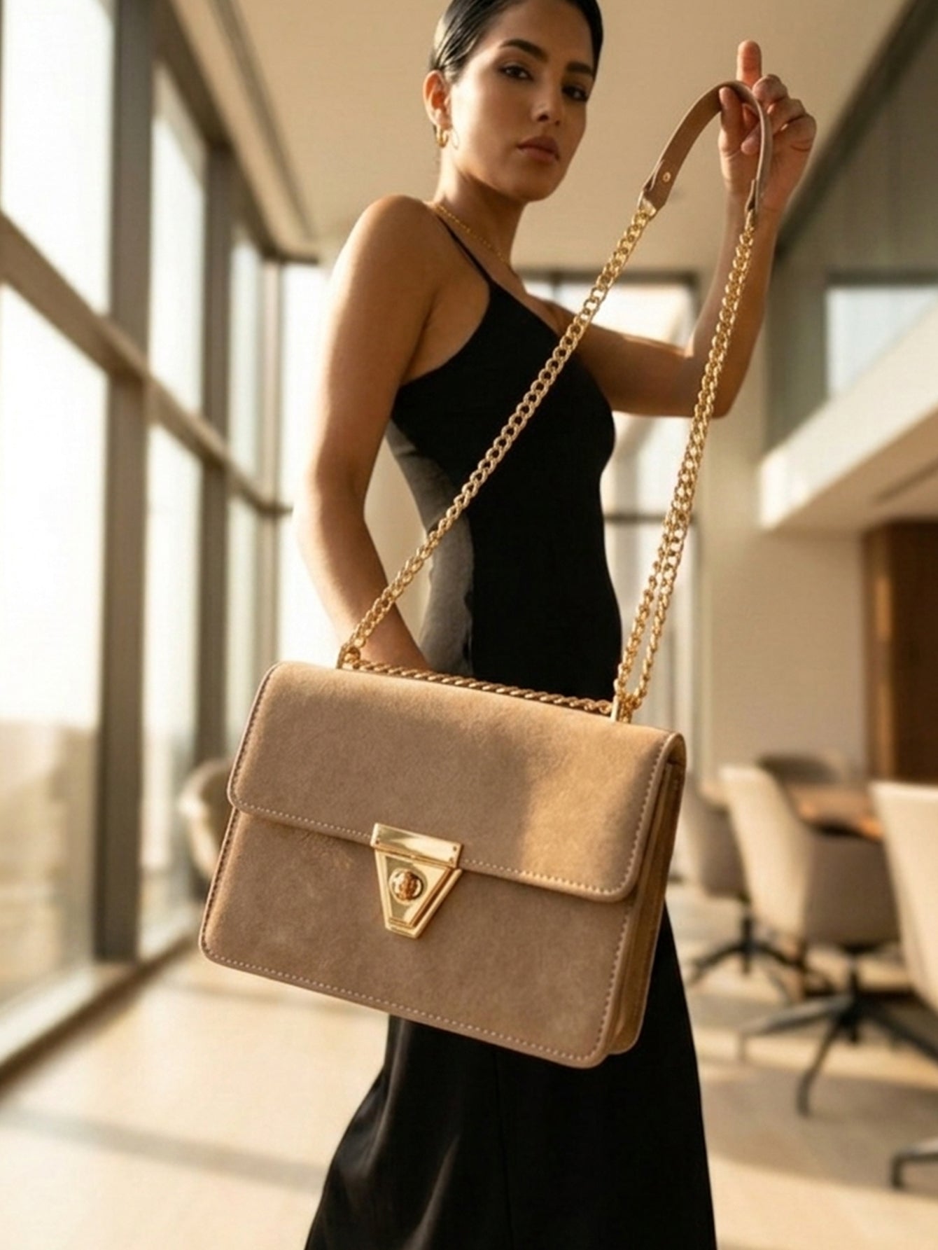 Alexandra Twist Lock Flap Square Bag - Light Brown