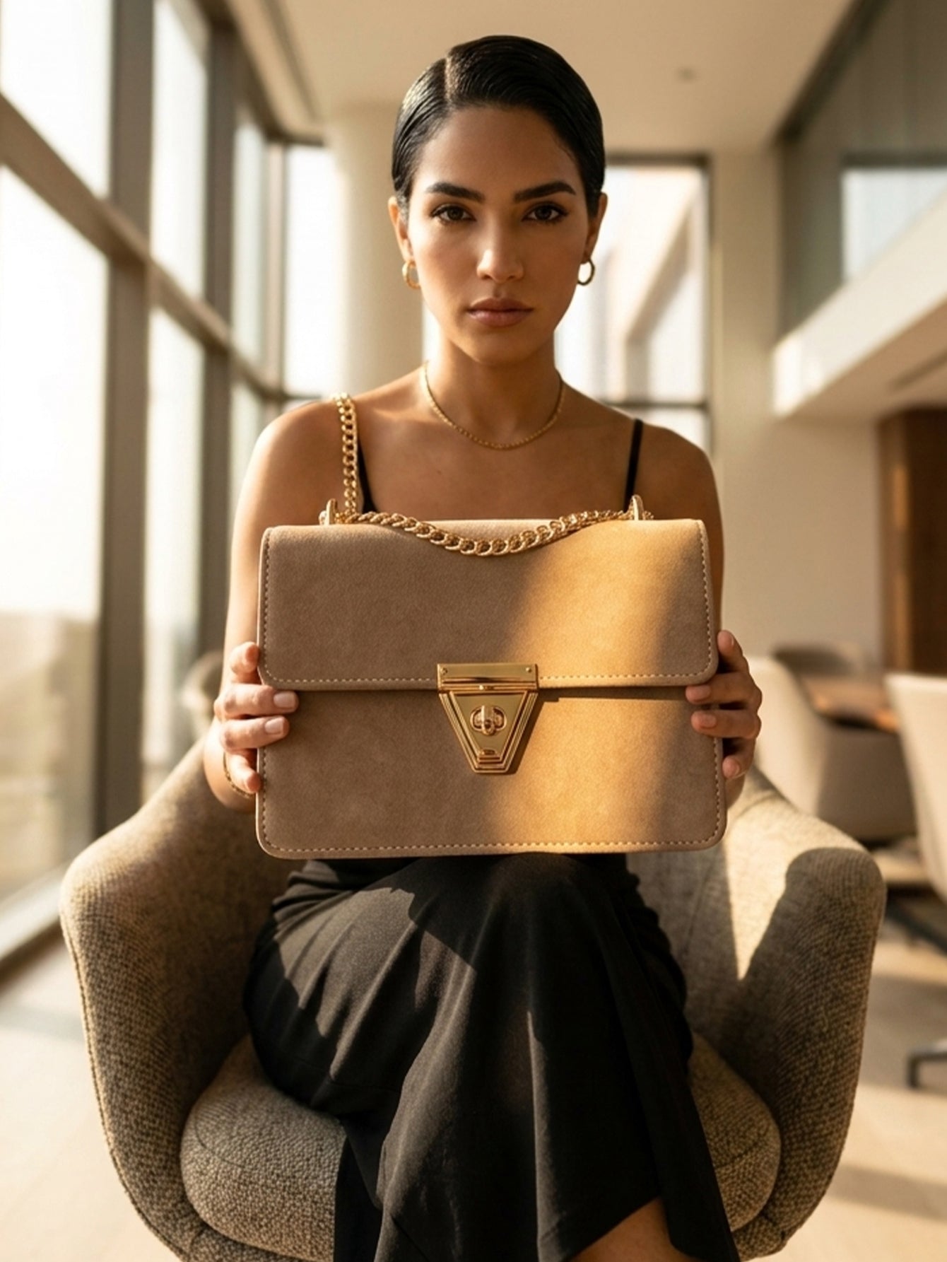 Alexandra Twist Lock Flap Square Bag - Light Brown