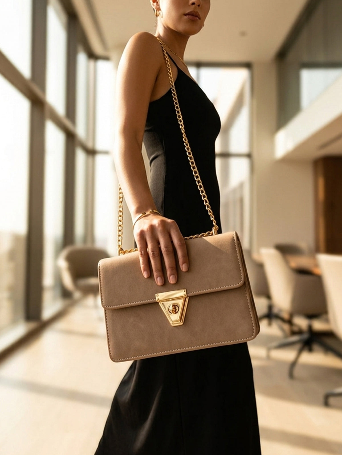 Alexandra Twist Lock Flap Square Bag - Light Brown