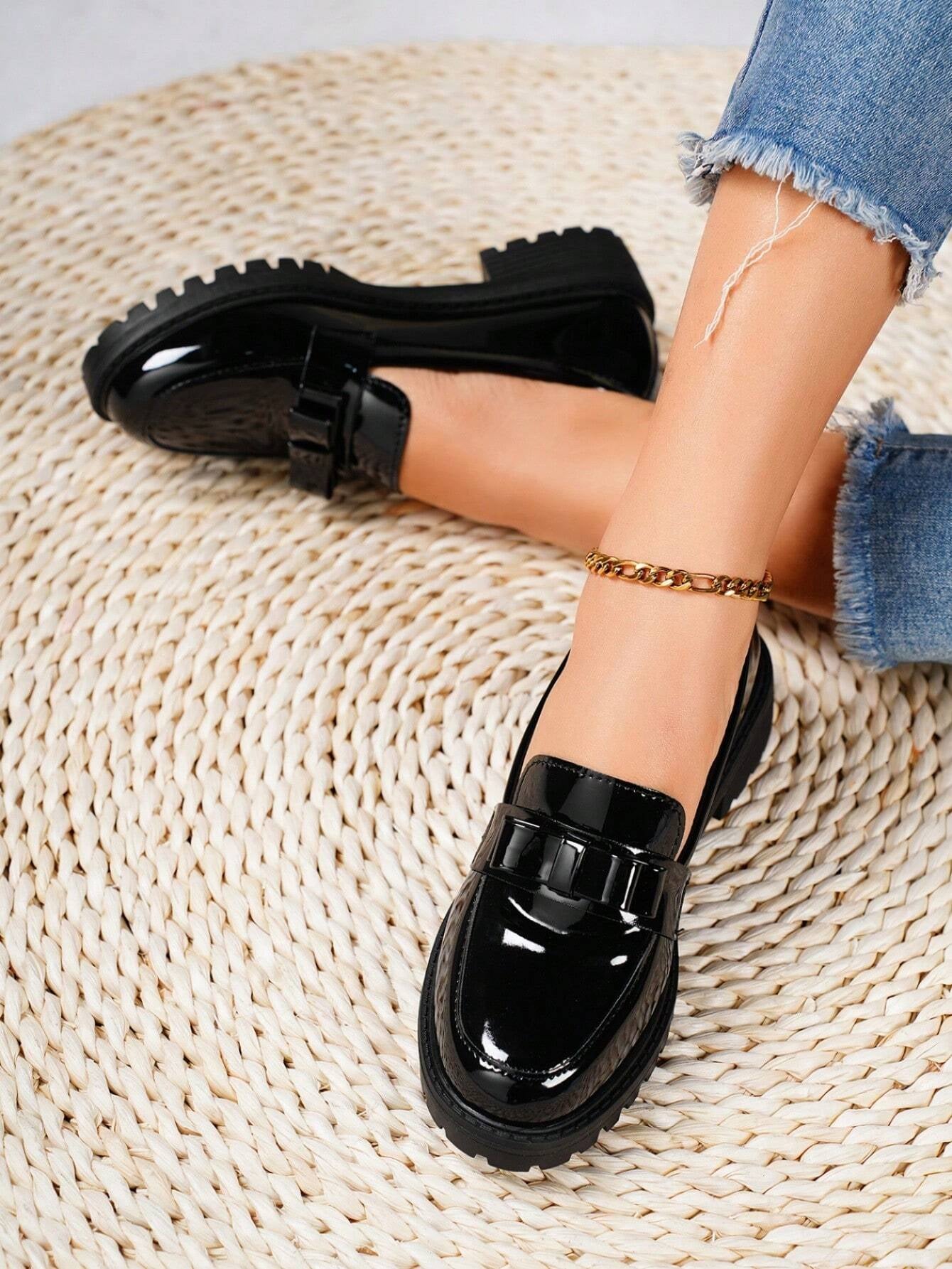 Chunky Heel & High Leather Loafers With Bow Tie Design Pumps