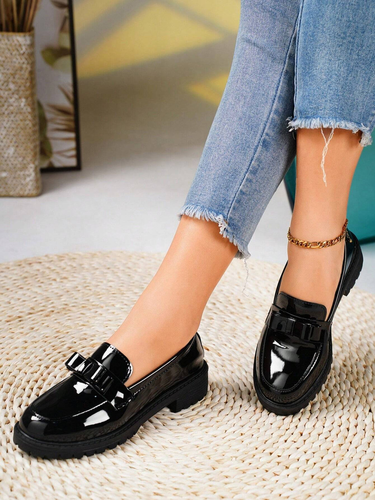 Chunky Heel & High Leather Loafers With Bow Tie Design Pumps