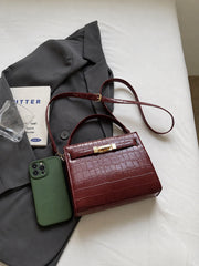 Croc Embossed Solid Burgundy PU Strapped Square Crossbody Bag