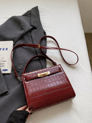 Croc Embossed Solid Burgundy PU Strapped Square Crossbody Bag