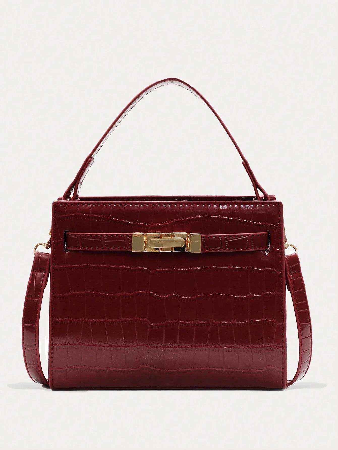 Croc Embossed Solid Burgundy PU Strapped Square Crossbody Bag