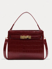 Croc Embossed Solid Burgundy PU Strapped Square Crossbody Bag