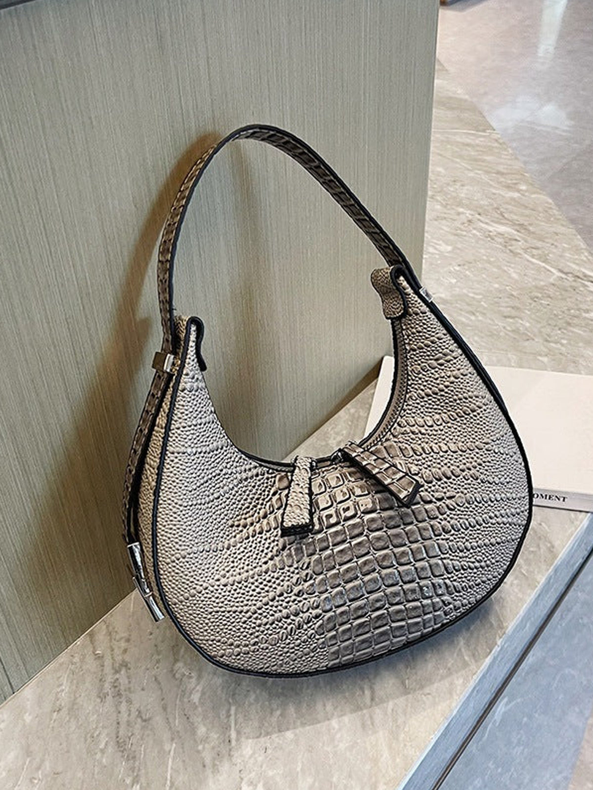 Crocodile Embossed Shoulder Bag - Grey - FD ⚡