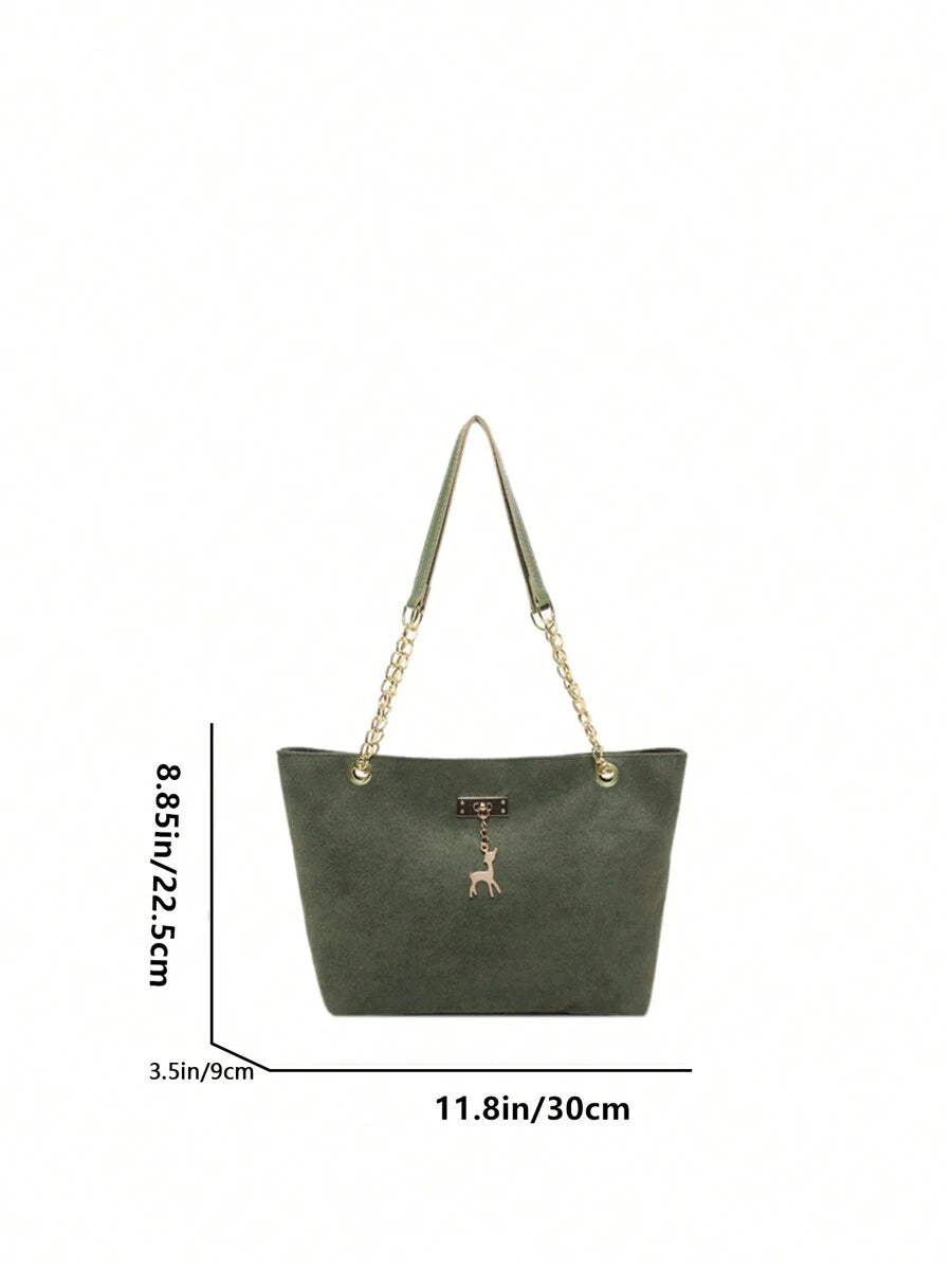 Deer Pendant Embellished Large Capacity Chain Strap Shoulder Bag - Army Green