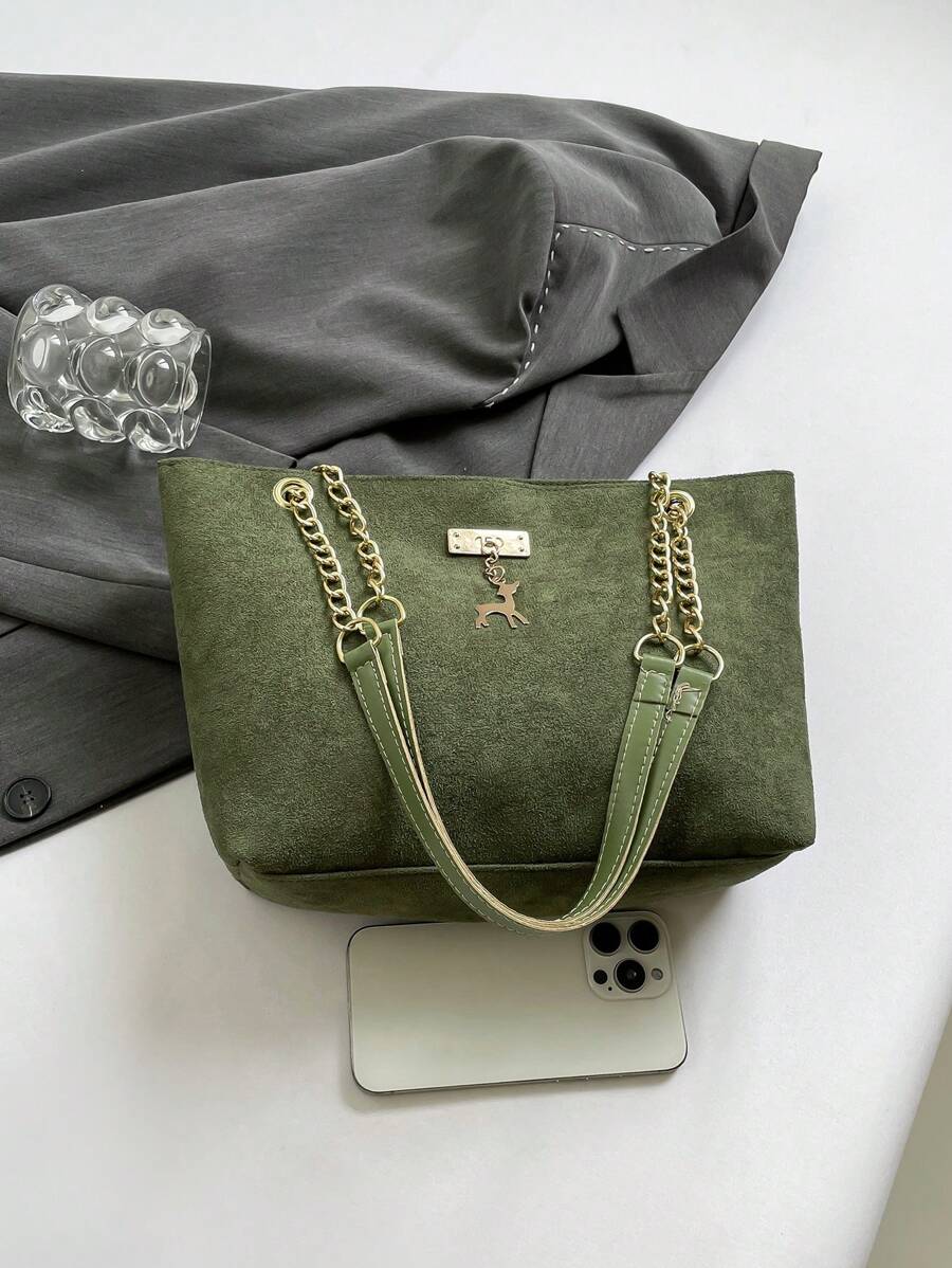 Deer Pendant Embellished Large Capacity Chain Strap Shoulder Bag - Army Green