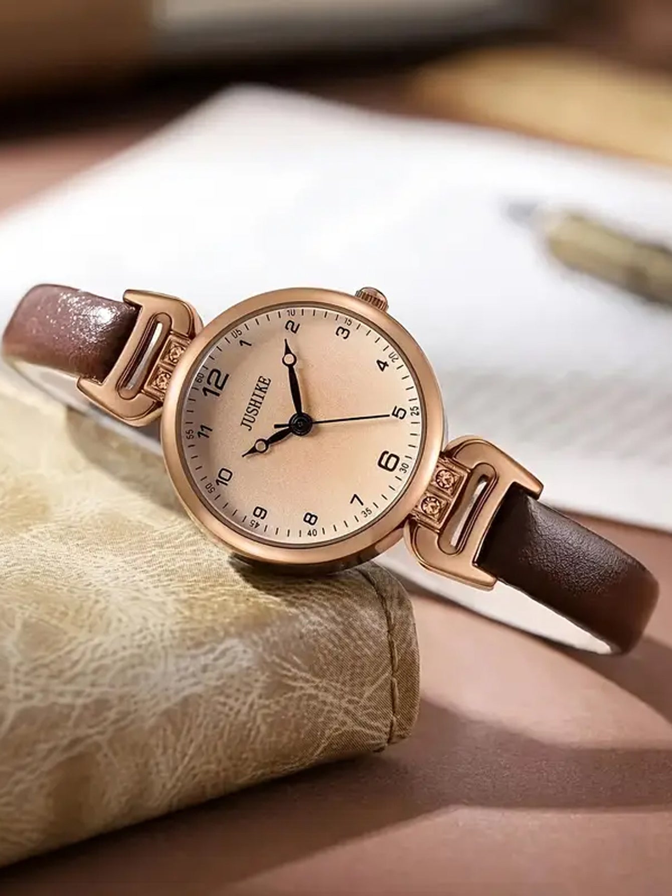 Minimalist Round Dial Brown Strap Quartz Watch
