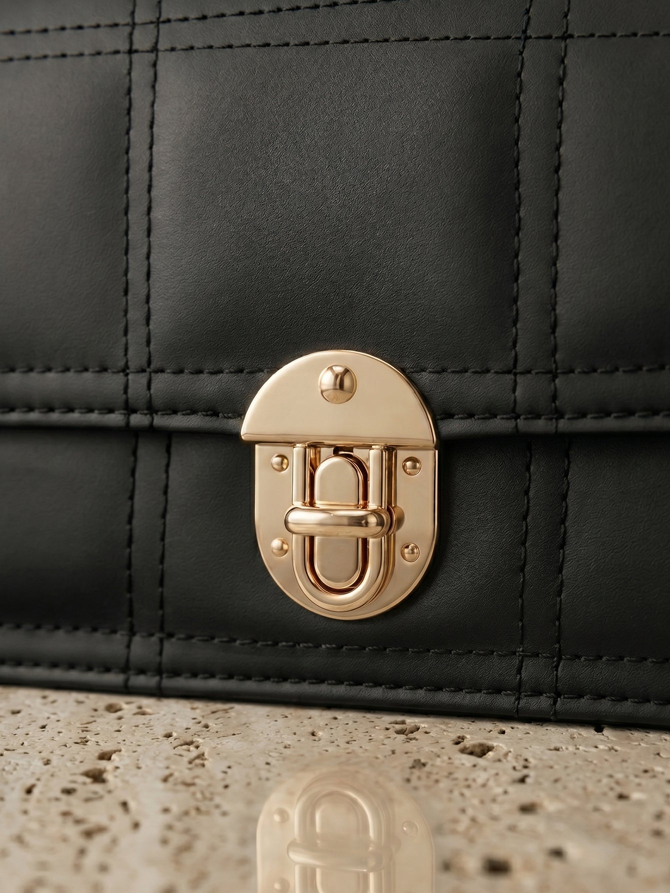 Geometric Quilted Twist Lock Satchel Bag With Strap - Black