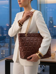 Geometric Pattern Quilted Chain Tote Bag - Mocha Brown
