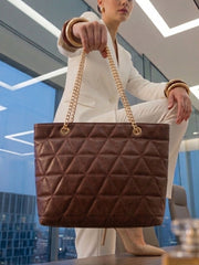 Geometric Pattern Quilted Chain Tote Bag - Mocha Brown