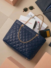Geometric Pattern Quilted Chain Tote Bag - Navy Blue