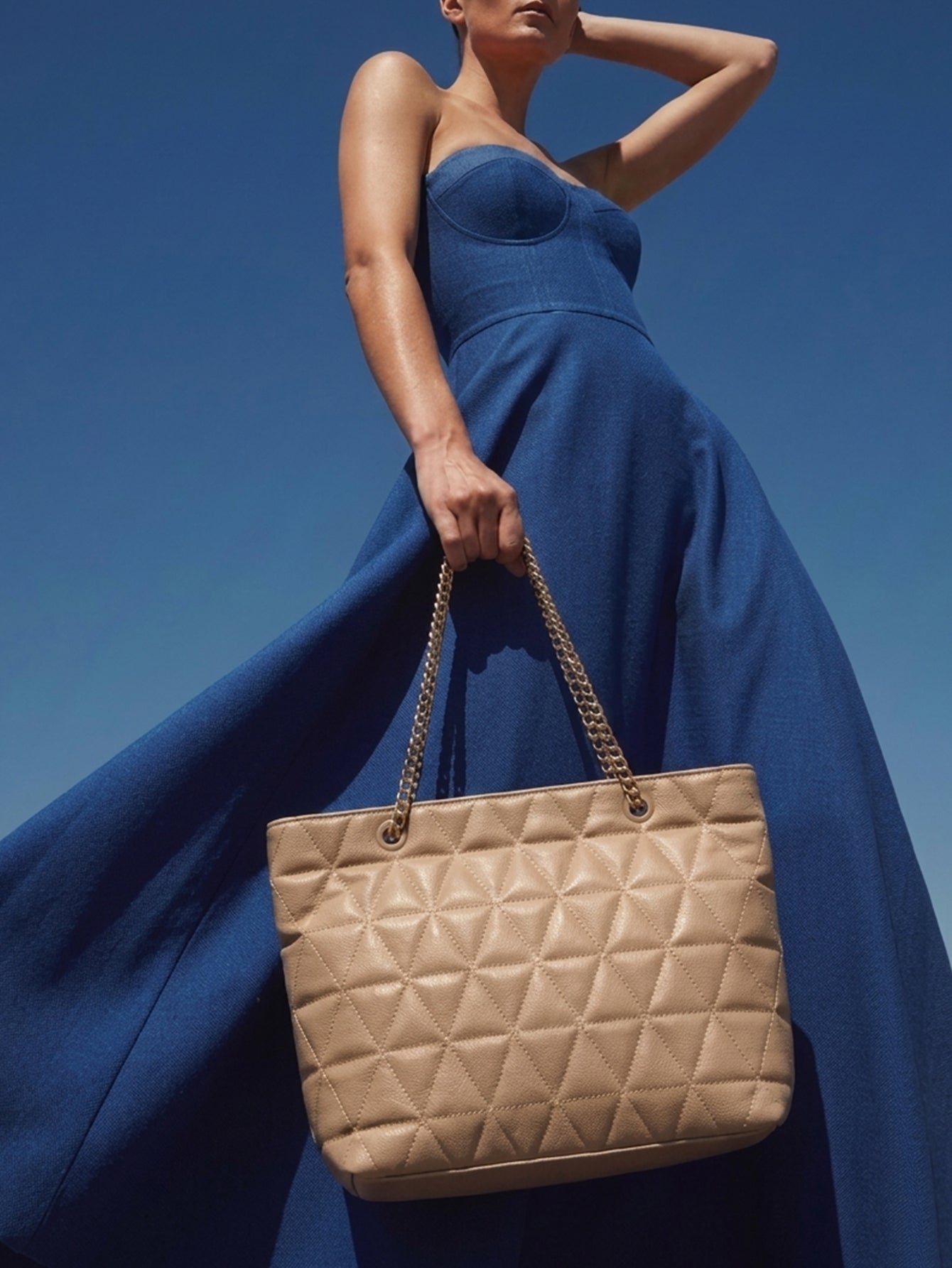 Geometric Pattern Quilted Zip Closure Chain Tote Bag - Khaki - www.thetreasurebox.me