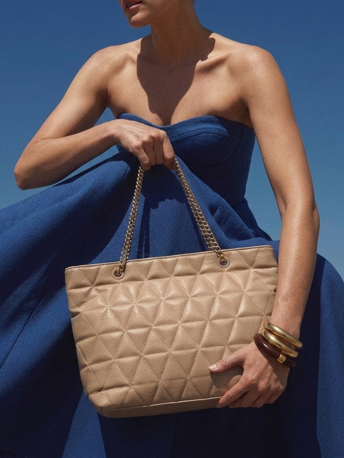 Geometric Pattern Quilted Zip Closure Chain Tote Bag - Khaki - www.thetreasurebox.me